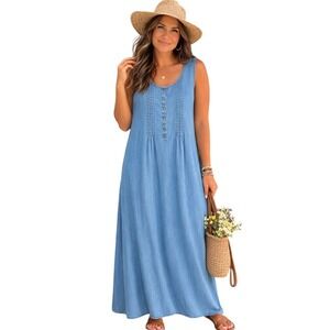 Vermont Country Store XL Maxi Dress Denim Blue Cotton Pockets Sleeveless 1451
